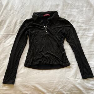 Y2K vintage black gold metallic shimmer button collar long sleeve top S-M